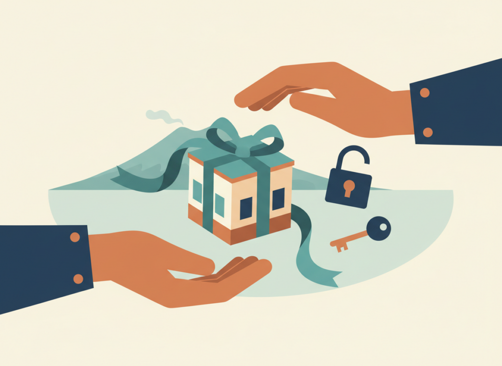 Illustrazione piatta di una casa con un nastro regalo passata da una mano a un'altra, con un lucchetto aperto e il Golfo di Napoli sullo sfondo, a rappresentare la provenienza donativa