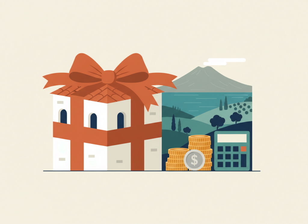 Illustrazione piatta di una casa con un fiocco regalo, monete e calcolatrice, a rappresentare i costi di una donazione