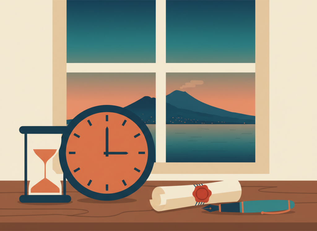Illustrazione piatta di una clessidra e un orologio accanto a un atto notarile con sigillo, con il Golfo di Napoli dalla finestra: i termini per l'azione di responsabilità del notaio