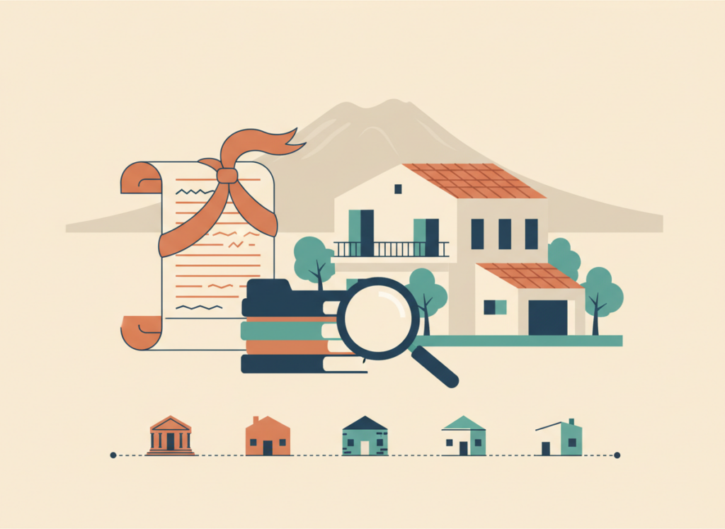 Illustrazione piatta di una vecchia licenza edilizia arrotolata accanto a un palazzo mediterraneo, cartelle d'archivio e lente d'ingrandimento: lo stato legittimo del fabbricato