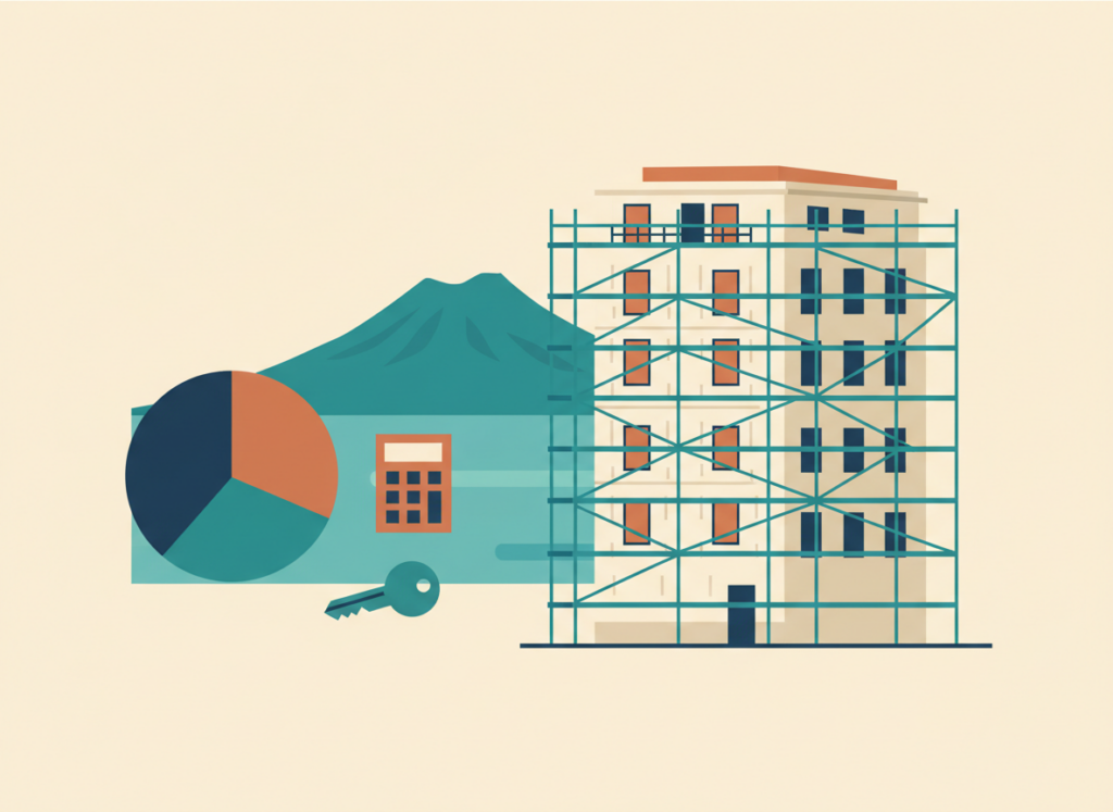 Illustrazione piatta di un palazzo napoletano con ponteggi e cappotto termico, un grafico a torta con tre quote e una calcolatrice, con il Vesuvio sullo sfondo: Superbonus e vendita di quote tra comproprietari