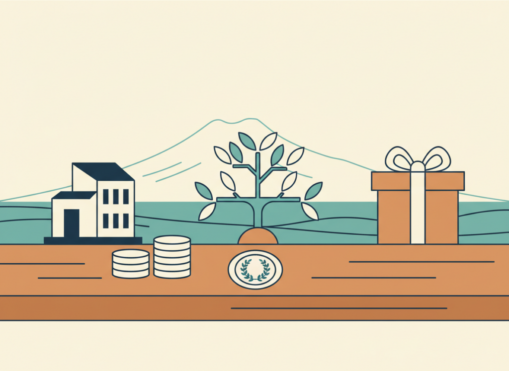 Illustrazione piatta con un edificio, un albero genealogico e un pacco regalo accanto a monete e sigillo, a rappresentare la tassazione di società, successioni e donazioni