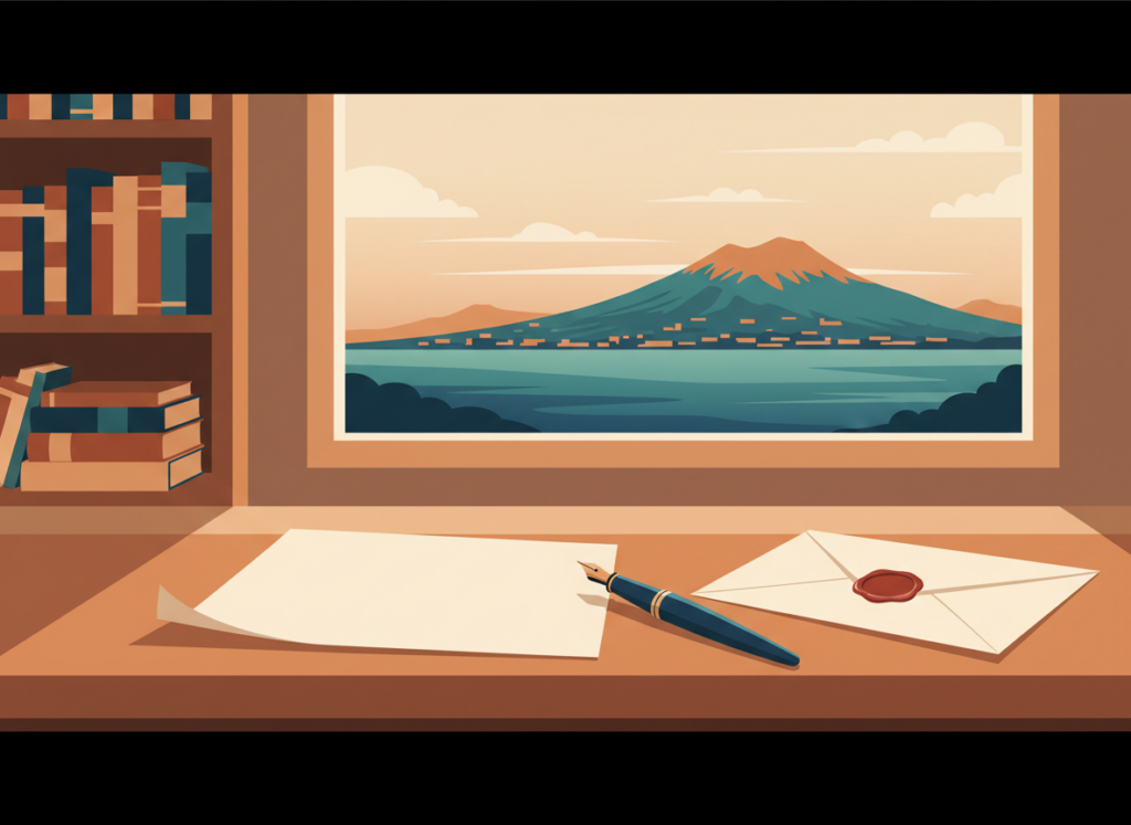 Illustrazione piatta di un foglio con una penna stilografica, una busta sigillata e uno scaffale di volumi, con la sagoma del Vesuvio dalla finestra