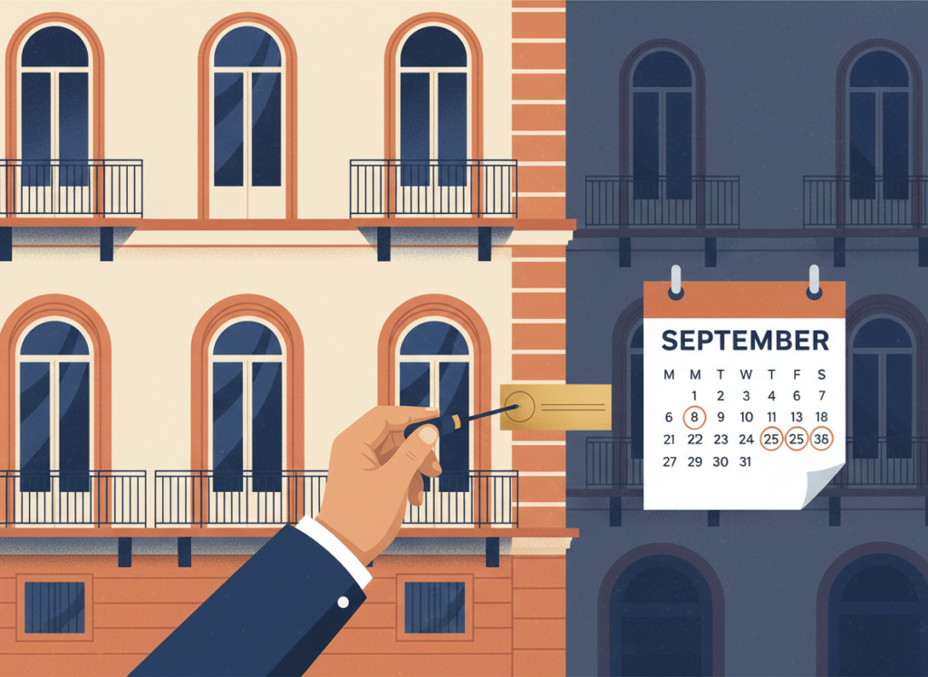 Illustrazione: facciata di un palazzo napoletano con la targa di una società che viene sostituita