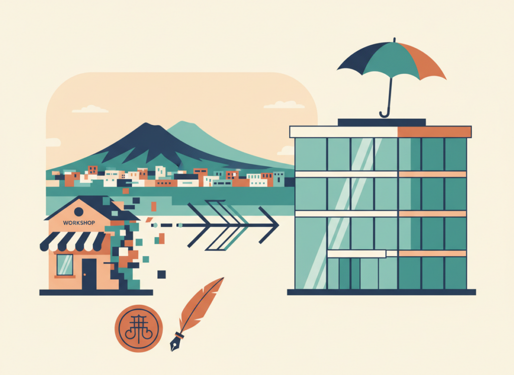 Illustrazione piatta di una piccola bottega che si trasforma in un edificio moderno protetto da un ombrello, con sigillo notarile e il lungomare di Napoli: la trasformazione di società