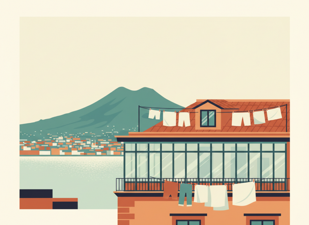 Illustrazione piatta dell'ultimo piano di un palazzo napoletano con veranda chiusa sul balcone e sottotetto con abbaino, Vesuvio sullo sfondo: vendere casa con veranda o sottotetto