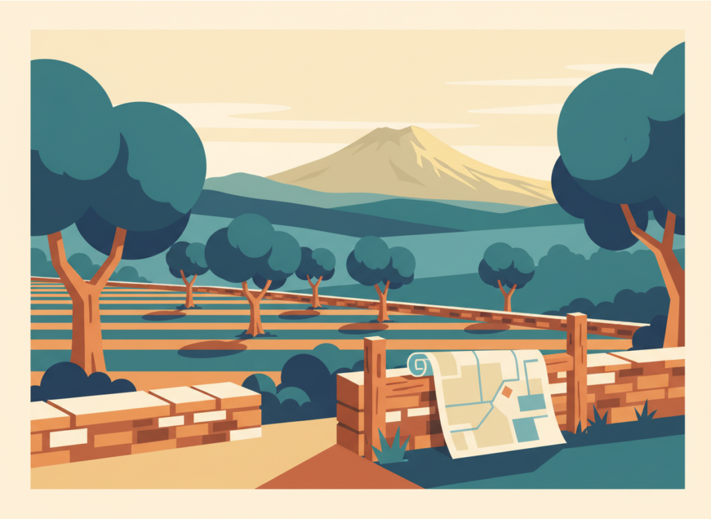 Illustrazione piatta di un campo agricolo con ulivi e un muretto di confine, colline campane e Vesuvio sullo sfondo, a rappresentare la vendita di un terreno