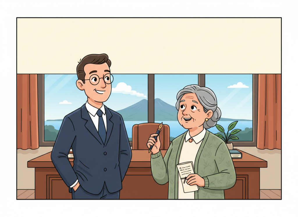 Vignetta: una signora anziana mostra al notaio un testamento scritto a mano