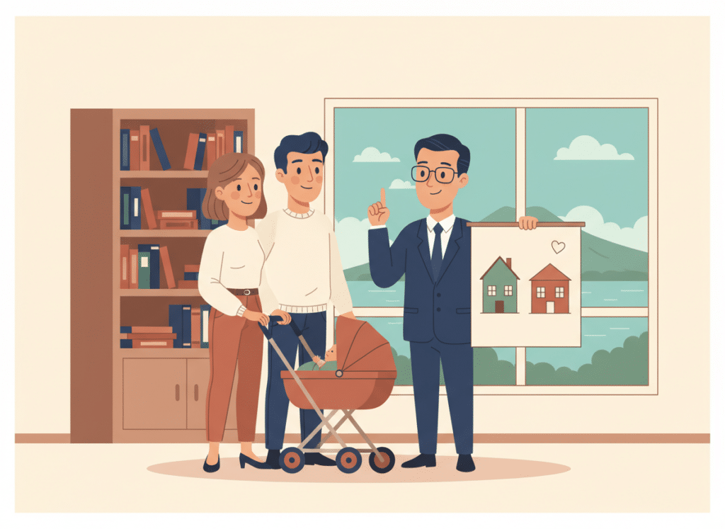 Vignetta: una giovane famiglia chiede al notaio le agevolazioni prima casa