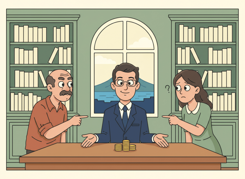Vignetta: venditore e acquirente si chiedono chi paga il notaio