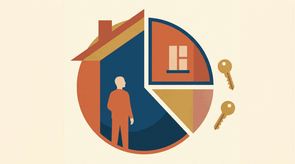 Stylized house with person, window, and two keys