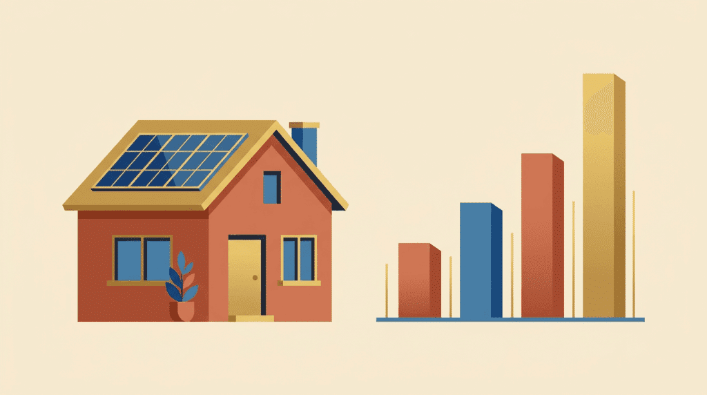 Solar-paneled house beside an upward bar chart representing clean energy growth